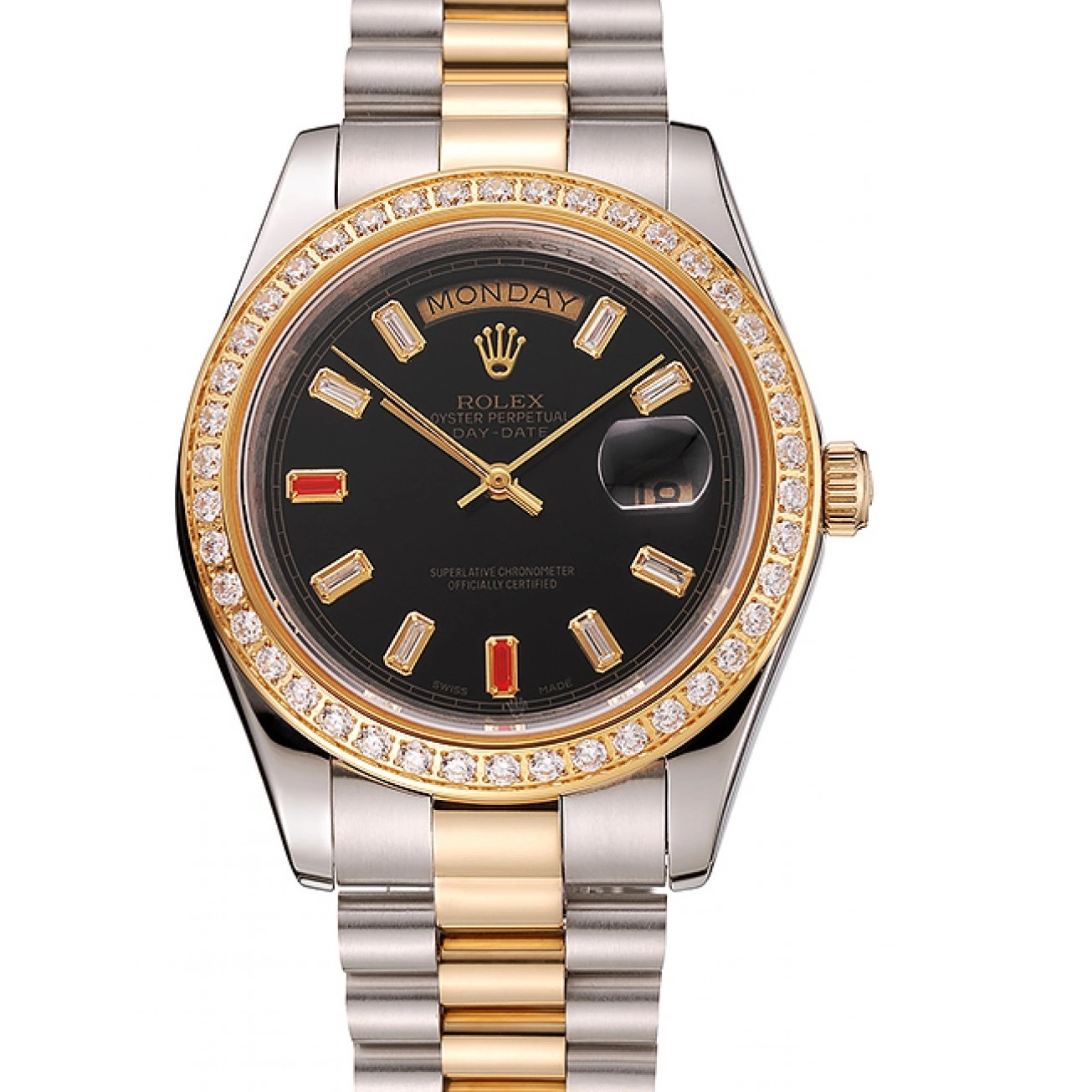 Aaa replica watch Rubies Tone Rolex Two Black Swiss And Dial Diamonds Day-Date Bracelet 1454105 0716